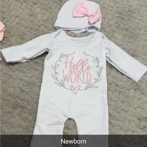 Newborn White and Pink Hello World Onesie with Hat